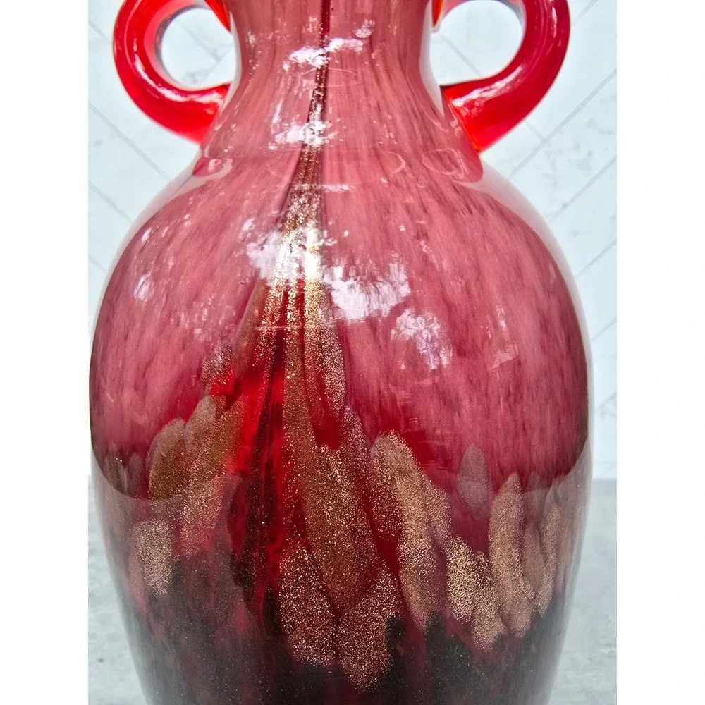 Hand Blown Double Handle Amphora Art Glass Vase Red Gold Green Aventurine 10in